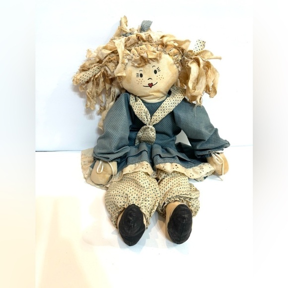 Vintage Handmade Cloth Rag Doll Soft Body 20” Blue And White Country Decor OOAK - Picture 1 of 5
